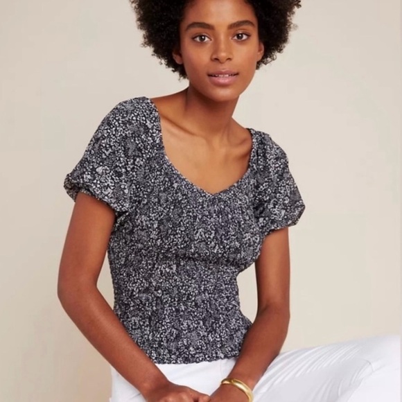 Anthropologie Tops - Anthropologie floral black and white blouse in great condition!